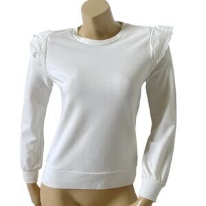 J. Crew XXS Off White Eyelet Ruffle Shoulder Long Sleeve Top